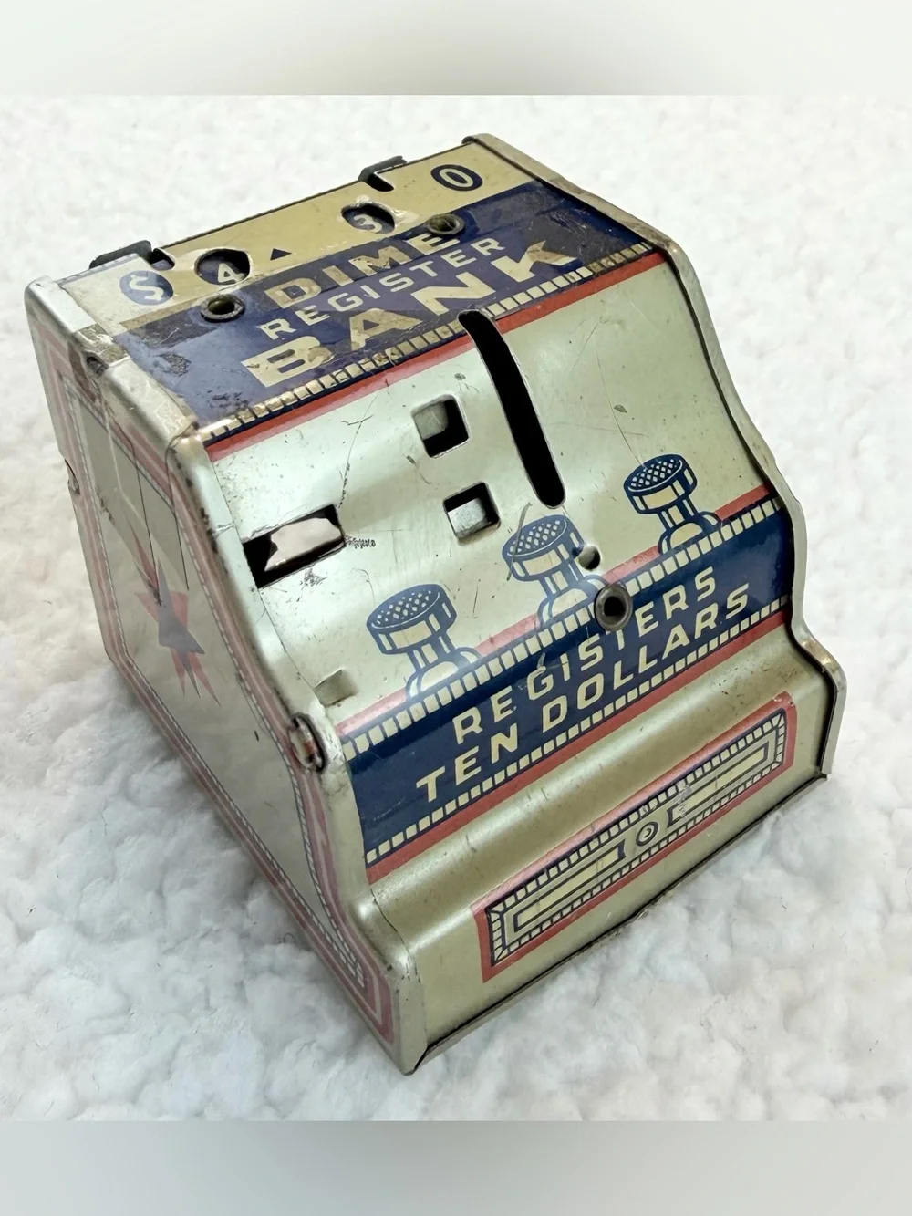 (VTG) J. CHEIN & CO • Tin Litho Mechanical Dime Register Coin Bank Made in USA